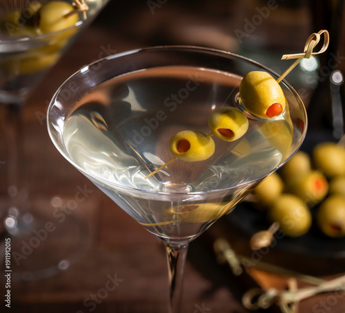 Martini cocktail with olives on a bamboo pick