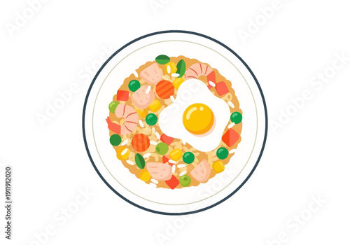 Delicious fried rice with a sunny-side-up egg, served in a white bowl, brimming with colorful vegetables and protein