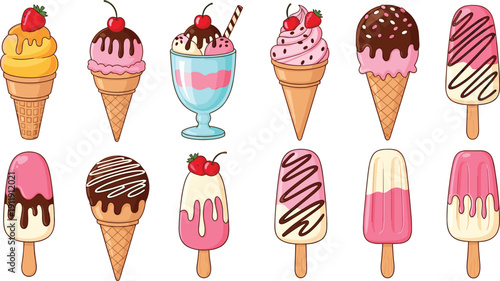 Ice cream and popsicle dessert set. Waffle cones, sundae glass and chocolate coated bars. Sweet summer frozen treats isolated for cafe menu and kids party design.