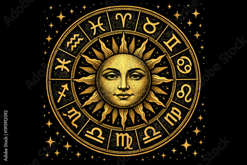 Antique Golden Zodiac Wheel and Sun Face. Esoteric Astrology Chart Design on Black Background.