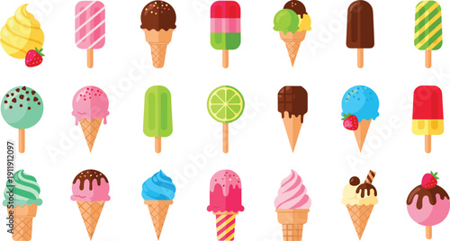 Ice cream and popsicle collection set. Colorful gelato scoops, waffle cones and fruit pops. Sweet frozen dessert illustrations isolated for summer menu and kids party design.