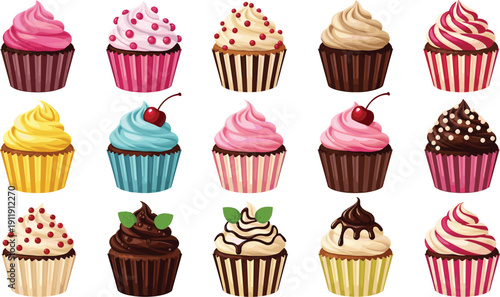 Realistic cupcake collection set. Colorful cream frosting muffins with sprinkles and cherries. Sweet bakery dessert illustrations isolated for cafe menu and party design.