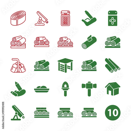 Twenty green and red of lumber and woodworking tools and concepts symbols signs