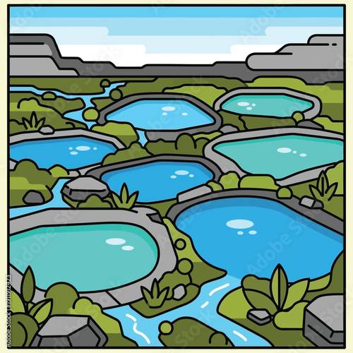 Many natural pools and streams in rocky green landscape with plants