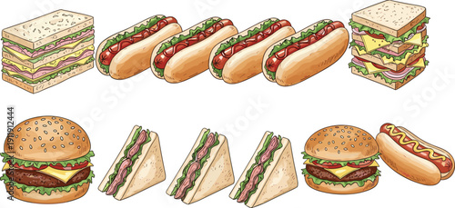 Sandwich and hot dog fast food set. Burgers, club sandwiches and sub rolls with fresh fillings. Tasty takeaway meal illustrations isolated for cafe and menu design.