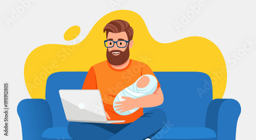 Father with baby working on laptop vector illustration on a sofa with yellow abstract background
