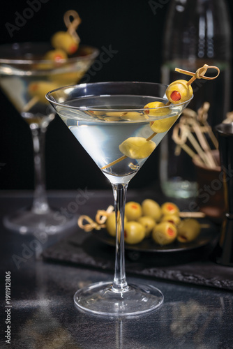 Dirty martini with olives on a pick on a dark background