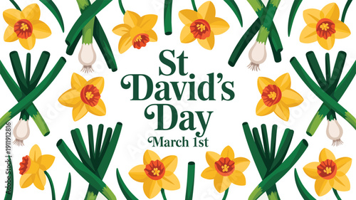 A colorful illustration celebrating St. David's Day on March 1st with daffodils and leeks