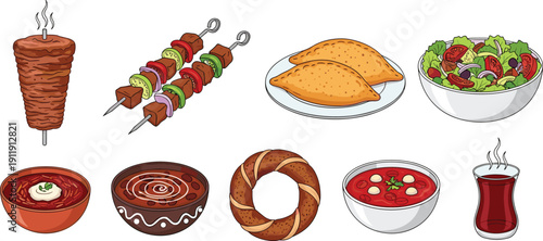 Middle Eastern food collection set. Doner kebab, shish kebab, pide, fresh salad and tea. Traditional Turkish cuisine illustrations isolated for restaurant menu design.