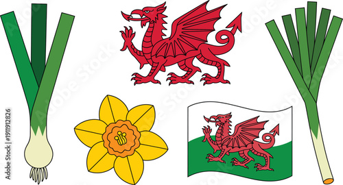 Welsh symbols including leek, daffodil, and red dragon flag