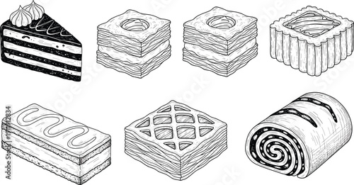 Engraved dessert and cake collection. Vintage hand drawn pastries, layered cake and swiss roll. Retro black and white bakery illustrations isolated for menu and packaging design.