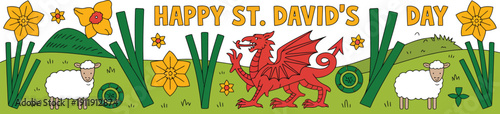 A colorful illustration celebrating St. David's Day with a red dragon and sheep