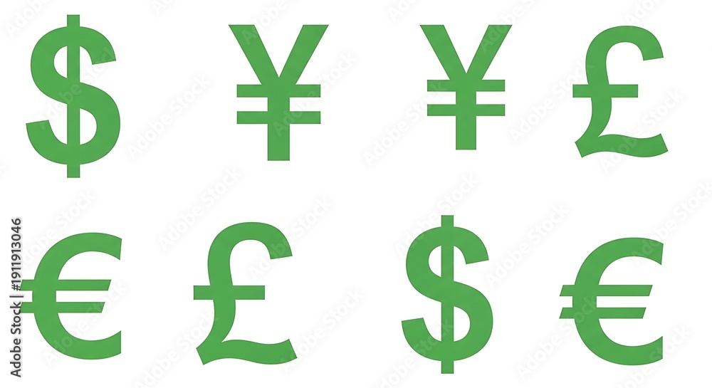 Obraz premium Diverse currency symbols arranged in a grid with a white background.