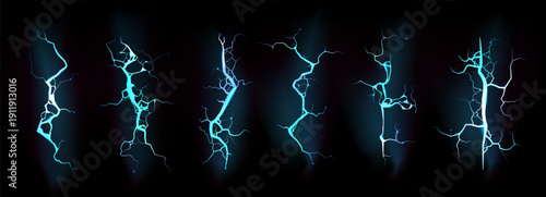 Lightning Bolt Overlay Collection with Glowing Blue-White Electric Discharge Patterns on Dark Background