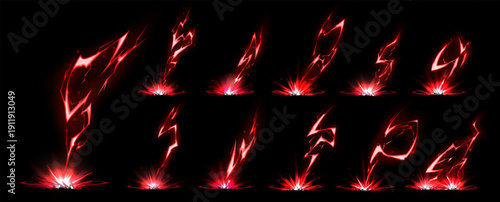 Energy Burst Overlay Collection with 10 Stylized Red-White Magical Explosion Effects and Lightning Discharge Patterns on Black Background