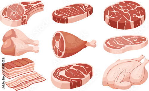 Raw meat and poultry cuts set. Striploin chop, pork ham, bacon and whole chicken. Fresh butcher shop illustrations isolated for grocery, restaurant and cooking design.