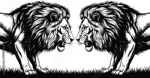Highly detailed woodcut style illustration of two majestic lions facing each other in a powerful confrontation for wildlife protection and animal strength concepts.