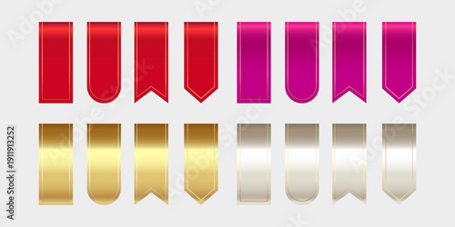 Decorative Ribbon Bookmark Overlay Collection with 12 Elegant Gold, Silver, Red, and Magenta Designs Featuring Straight, Rounded, Pointed, and V-Shaped Ends