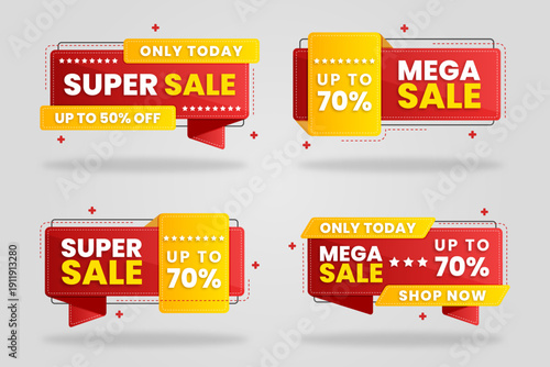 red Quality Label Overlay Collection with 4 Red-Yellow Promotional Sale Banners Featuring Super Sale, Mega Sale, and Limited-Time Discount Offers