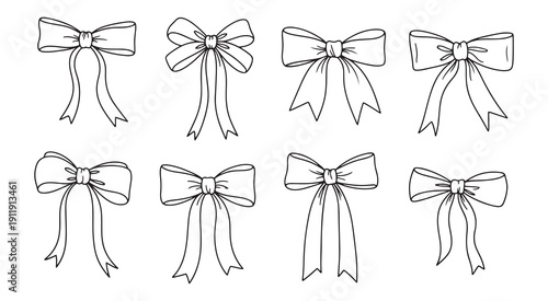 Decorative Bow Overlay Collection with 8 Black-and-White Line Drawings Featuring Unique Loop and Tail Styles for Gift Wrapping, Fashion, and Craft Design