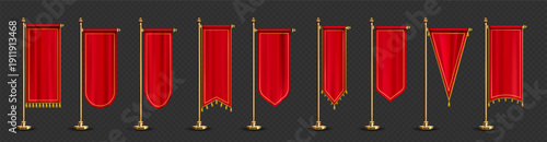 Red Banner Overlay Collection with 10 Decorative Vertical Designs on Gold Poles Featuring Straight, Rounded, Pointed, and Fringed Ends on Transparent Background