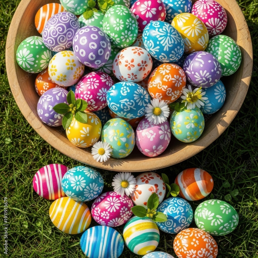 Fototapeta premium Festive easter eggs with delightful floral designs on lush green grass