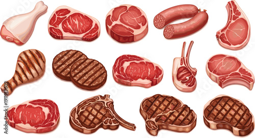 Meat and steak collection set. Raw and grilled beef, lamb chops, sausages and chicken drumstick. Realistic barbecue food illustrations isolated for butcher shop and restaurant menu.