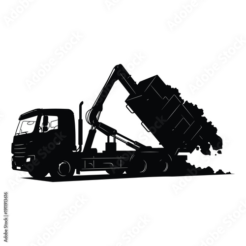 Roll-off dumpster truck dumping waste, construction and demolition debris removal.