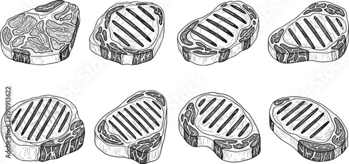 Engraved steak cuts illustration set. Vintage hand drawn beef steaks with grill marks and labels. Butcher chart style black and white meat drawings isolated collection.