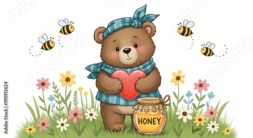 Teddy Bear Holding Heart Near Honey Pot.