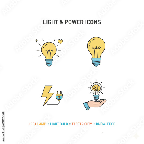 Illustration of light bulbs and electricity symbols representing ideas and knowledge
