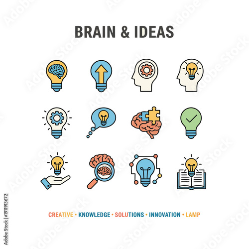 A collection of icons representing brain and ideas in a creative and innovative style