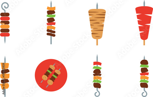 Kebab and shawarma flat icon set. Grilled meat skewers, doner wrap and barbecue sticks. Simple street food illustrations isolated for menu and restaurant design.