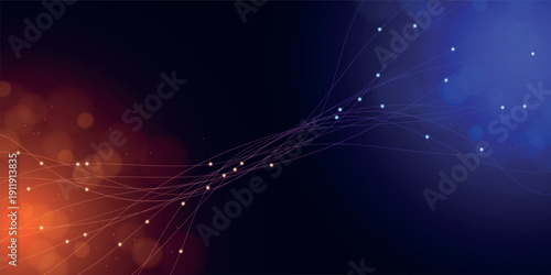Abstract Neural Network Overlay Collection with Orange-to-Blue Gradient Featuring Interconnected Nodes, Glowing Lines, and Bokeh Effects for AI, Machine Learning, and Data Communication Design