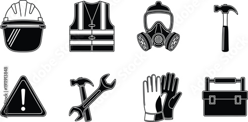 Industrial Safety Equipment and Construction Tools Vector Set Isolated on White Background Featuring Helmet Vest Gas Mask Hammer Wrench Gloves and Toolbox for Workplace Security.