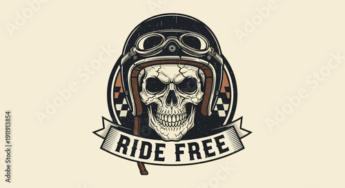 Skull Wearing Motorcycle Helmet with Banner.