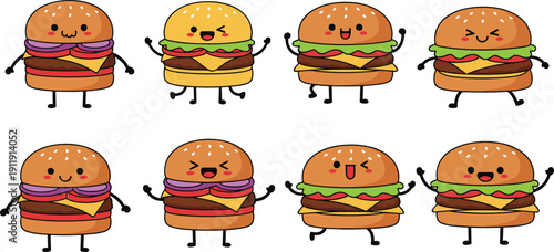 Cute burger cartoon characters set. Funny fast food mascots with happy faces and different emotions. Kawaii hamburger illustrations isolated for stickers and kids design.