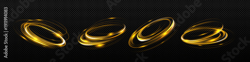 Golden Swirl Ring Overlay Collection with 4 Glowing Spiral Designs Featuring Energy Motion, Light Streaks, and Sparkle Effects on Transparent Background for Magical and Futuristic Graphics