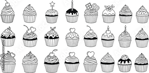 Cupcake outline collection set. Hand drawn muffin sketches with cream topping and decorative elements. Black and white bakery illustration for coloring book, menu design and packaging.