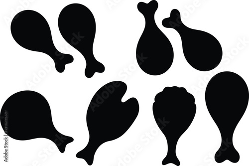 Eight chicken drumstick silhouettes arranged in two rows, each with distinct shapes and cuts, isolated on white background, ideal for food, meat, and culinary design concepts.