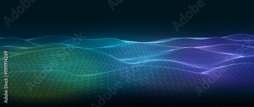 Abstract Mesh Wave Overlay Collection with 3D Grid Surface Featuring Green-to-Purple Gradient, Topographic Flow, and Undulating Lines for Data Science, Computer Graphics, and Futuristic Design