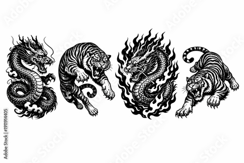 Black & White Traditional Dragon and Tiger Tattoo Set. Engraving Style Illustrations of Roaring Mythical Beasts with Flames and Clouds.