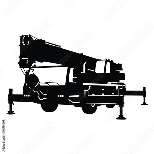 Mobile crane truck with outriggers extended for stability.
