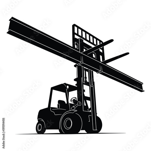 Forklift truck carrying heavy steel beams at a construction site.
