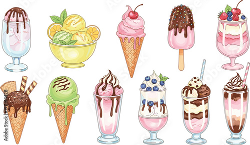 Ice cream sundae and milkshake collection. Waffle cones, fruit scoops and layered dessert glasses. Sweet pastel frozen treats illustrations isolated for cafe menu design.