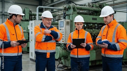 Industrial Team Collaboration: Engineers and Technicians in Safety Gear Discussing Operations with Digital Tablets on a Factory Floor