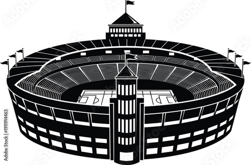 Large Sports Stadium Arena Silhouette Featuring Grandstand Seating and Flags for Football Soccer Basketball Games and Major Athletic Event Hosting, cad drawing flat vector illustration