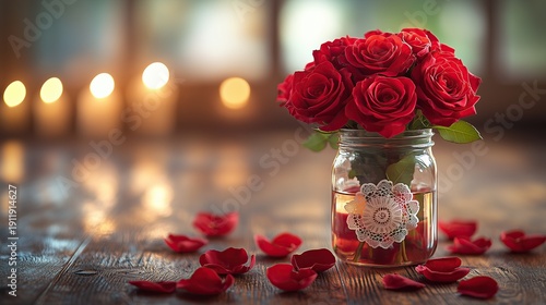 Valentine's Day background red roses in glass jar on wooden table with lace doily scattered petals candlelight copy space rustic concept