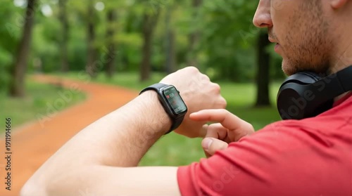 Active man checking fitness tracker on smartwatch during outdoor workout in a lush green park, focusing on health and progress with wearable techno...