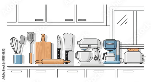 Kitchen Utensils and Appliances on Countertop.